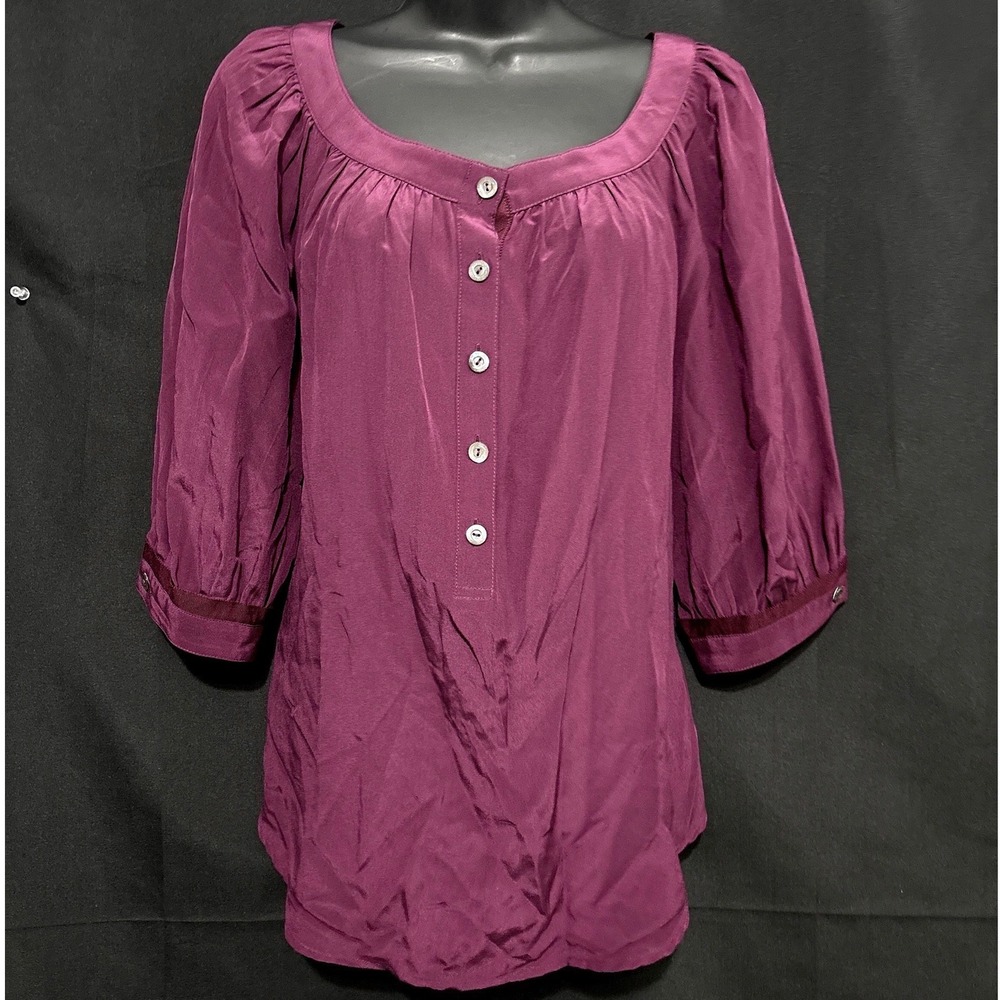 Trina Turk Silk Top M Purple Square Neck 3/4 Sleeve Dark Fairy Forest Whimsy Y2K